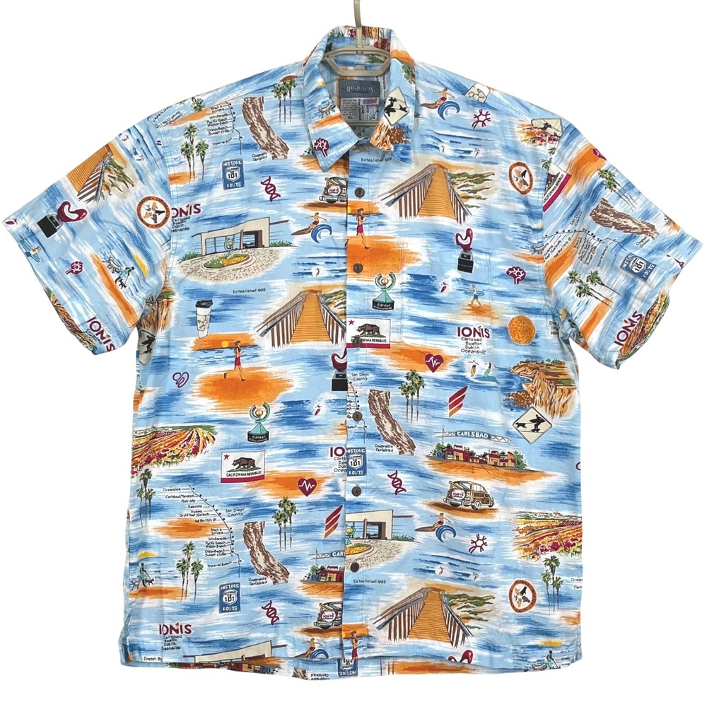 High Seas Trading Co Hawaiian Shirt XL Blue California Coast Beach Surf USA Made